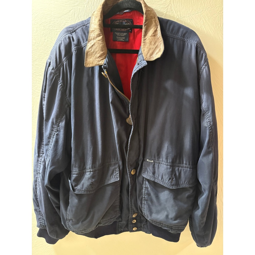 Faconnable Albert Goldberg Navy Bomber Jacket Leather Collar Mens XL Water Repel